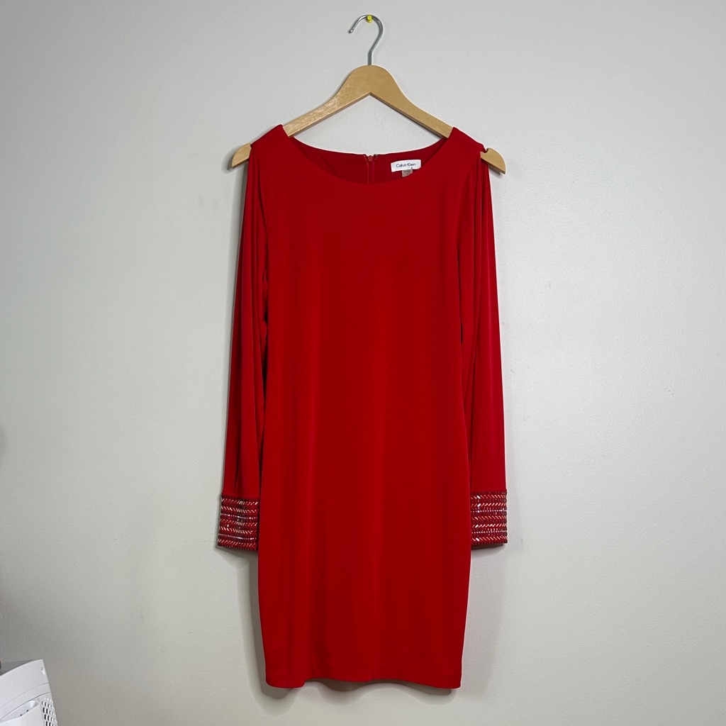 Calvin Klein Red Long Sleeve Dress With Beaded Cuffs